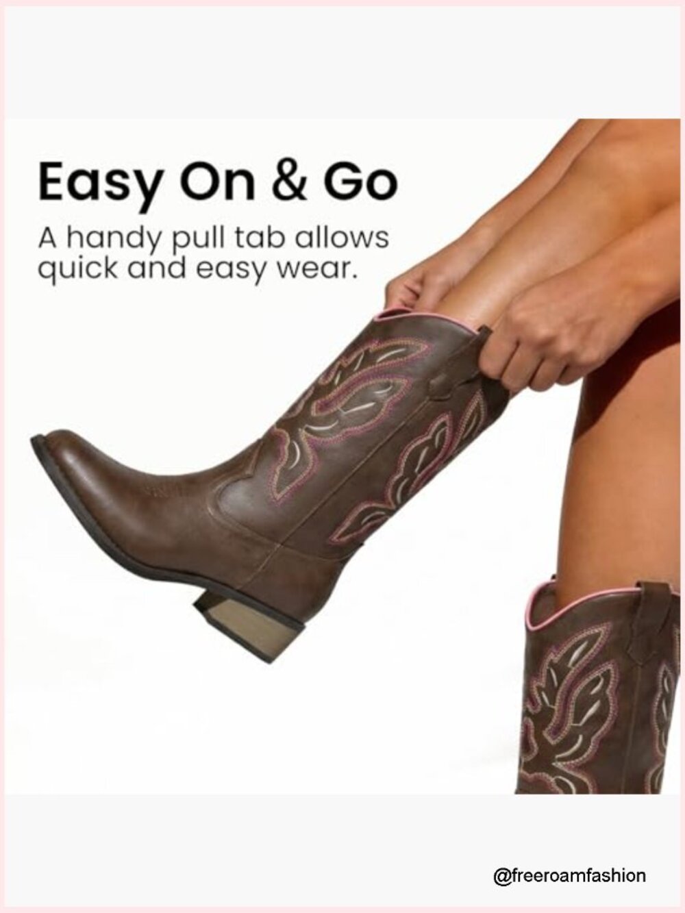 Womens Western Boots Mid Calf Square Toe Chunky Heel Embroidered Pull On Cowboy - Picture 4 of 7